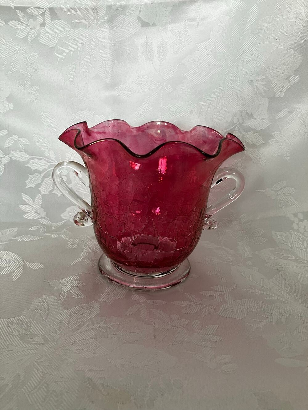 Vintage Rose Crackle Blown Glass Vase Iridescent Pontil Double Handle 5.5"